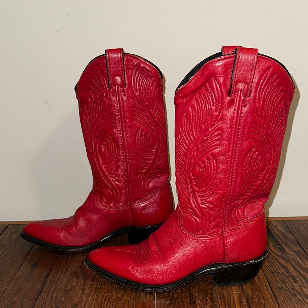 Vintage Abilene Women's Red Western Cowboy Boots - Classic Embroidered Shaft